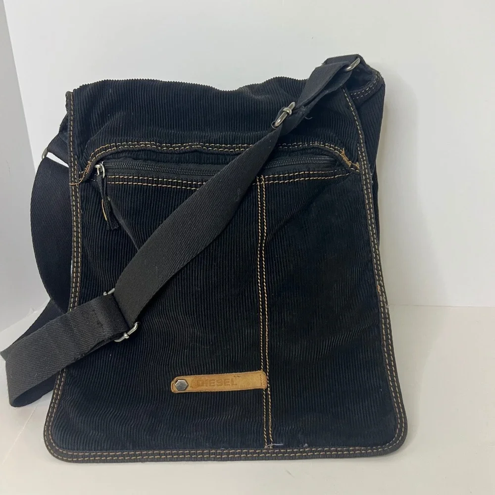 Vintage Diesel Spare Parts Corduroy Crossbody Messenger Bag Black 10 x 14 Flaw